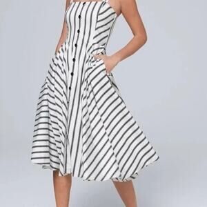 Women's White House Black Market Black White Striped Swing Dress Pockets Sz 12